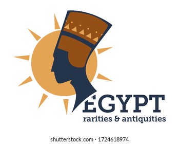 Egypt rarities and antiques, banner with text and nefertiti bust. Sunshine symbol of power in Egyptian country, pharaoh cultural heritage. Archeology and landmark, portrait vector in flat style
