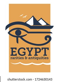 Egypt rarities and antiquities, traveling and exploration of old civilization culture and heritage. Historical landmarks and sightseeing in African country. Pyramids and eye, site vector in flat