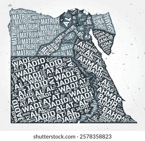 Egypt regions word clouds. Country shape on textured background. Egypt design in typographic style. Stylish vector illustration.