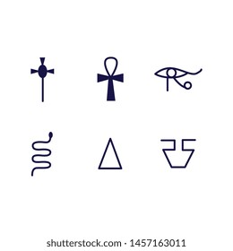 Egypt religion ancient historical symbols set of black line vector icon illustrations isolated on white background. Egyptian culture traditional hieroglyphs and signs.