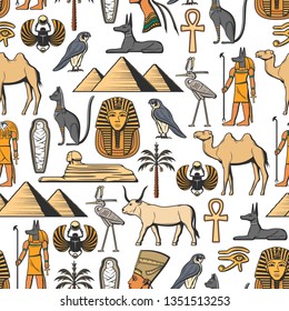 Egypt religion vector seamless pattern of ancient Egyptian symbols. Nefertiti and Ra, Anubis and pyramids, mummy and Sphinx, pharaoh. Animals scarab and camel, Eye of Horus and Eagle of Saladin