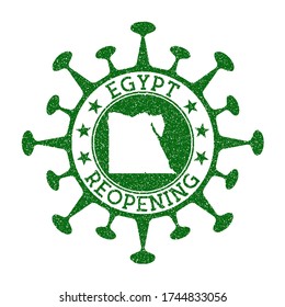 Egypt Reopening Stamp. Green Round Badge Of Country With Map Of Egypt. Country Opening After Lockdown. Vector Illustration.