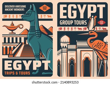 Egypt retro travel posters. Touristic trip, tours to ancient culture landmarks retro banners with Valley of the Kings necropolis, pyramids of Giza and mosque, cat, Bennu god heron bird in Atef crown