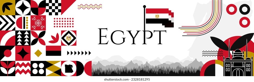  Egypt Revolution Day abstract banner design with flag and map. Flag color theme geometric pattern retro modern Illustration design. Red and Black flag color template.