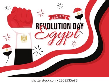 Ilustración vectorial del Día de la Revolución en Egipto el 23 de julio con fondo de bandera ondeando en la planicie de festividad nacional con plantillas de página de aterrizaje dibujadas a mano