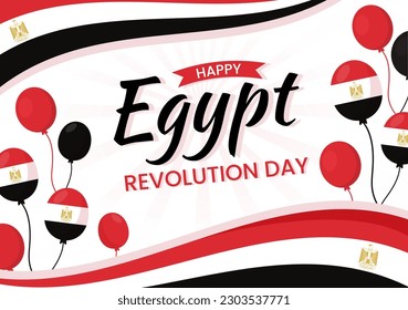 Ilustración vectorial del Día de la Revolución en Egipto el 23 de julio con fondo de bandera ondeando en la planicie de festividad nacional con plantillas de página de aterrizaje dibujadas a mano