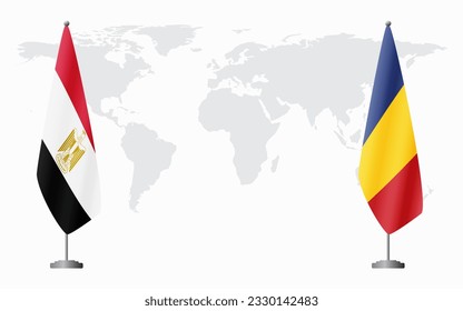 Egypt and Romania flags for official meeting against background of world map.