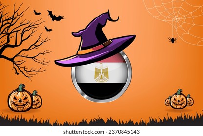 egypt round flag with Happy Halloween banner or party invitation background. bats, spiders and pumpkins, orange background