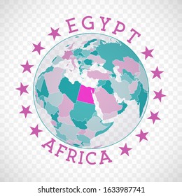 Egypt round logo. Badge of country with map of Egypt in world context. Country sticker stamp with globe map and round text. Trendy vector illustration.