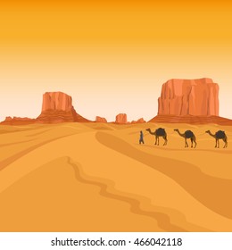 Egypt sahara desert with sand hills and camel caravan silhouettes vector background