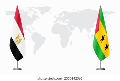 Egypt and Sao Tome and Principe flags for official meeting against background of world map.