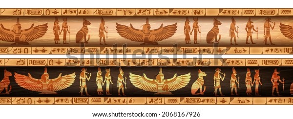 Egypt seamless border set, vector ancient ethnic\
ornament frame design, goddess silhouette. Old papyrus texture,\
vintage hieroglyph wall mural illustration, religion calligraphy\
print. Egypt border