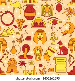 Egypt seamless pattern in colored line style. Repeating background with traditional country symbols. Vector illustration.