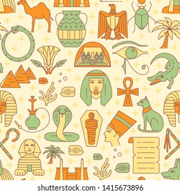 Egypt seamless pattern in colored line style. Repeating background with traditional country symbols. Vector illustration.