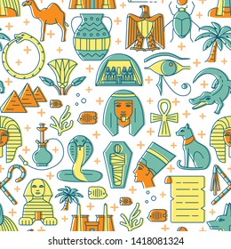 Egypt seamless pattern in colored line style. Repeating background with traditional country symbols. Vector illustration.