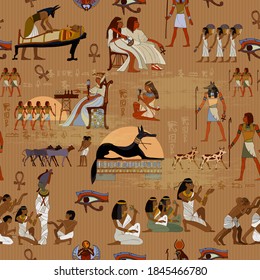 Egypt seamless pattern. Hieroglyphic carvings on the exterior walls. Ancient murals background. Gods and pharaohs. Old history and culture 