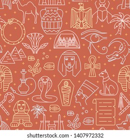 Egypt seamless pattern in thin line style. Repeating background with traditional country symbols. Vector illustration.