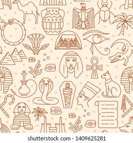 Egypt seamless pattern in thin line style. Repeating background with traditional country symbols. Vector illustration.
