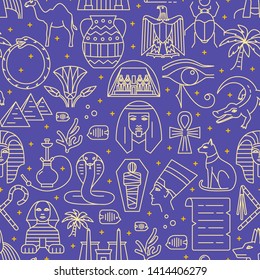 Egypt seamless pattern in thin line style. Repeating background with traditional country symbols. Vector illustration.