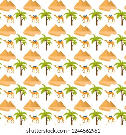 Egypt seamless pattern. Tourism travel  endless background, pyramid palm camel repeating texture.Vacation backdrop. Vector illustration