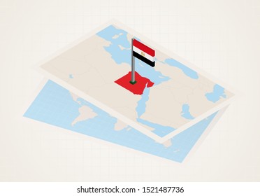 Egypt selected on map with 3D flag of Egypt. Vector paper map.