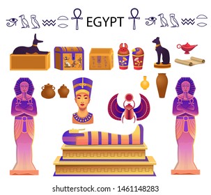 Egypt set in cartoon style with  a sarcophagus, chests, statues of the pharaoh with the ankh, a cat figurine, dog, Nefertiti, columns, scarab and a lamp. 