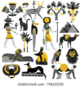 Egypt set of decorative icons with ancient gods, sphinx, scarab, pyramids, palm trees, ankh isolated vector illustration