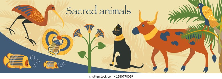 Egypt set, Egyptian ancient symbols, mysterious desserts, sacred animals vector Illustrations