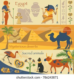 Egypt set, Egyptian ancient symbols, mysterious desserts, sacred animals vector Illustrations