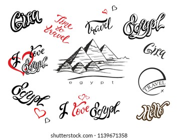 Egypt. Set of elements for design. Giza. Pyramid sketch. Hand drawing. Inspiring lettering. Templates. Travel. Tourism industry. Vector.