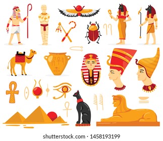 Egypt set with isolated images of ancient egyptian antiquities characters of worshippers authentic script and symbols vector illustration