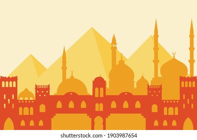 Egypt. Silhouette of Cairo, Arab architecture, mosques and the great pyramids of Giza.