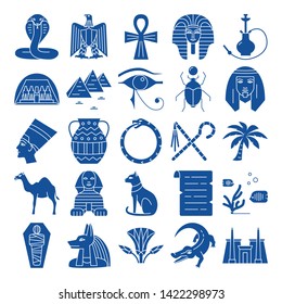 Egypt silhouette icons set in flat style. Traditional symbols including pharaoh, pyramids, sphinx. Vector illustration.