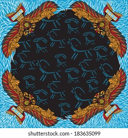 Egypt simbol elements with frame and ethnic pattern. Artistic vector illustration.