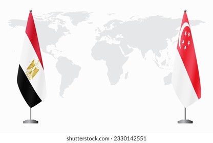 Egypt and Singapore flags for official meeting against background of world map.