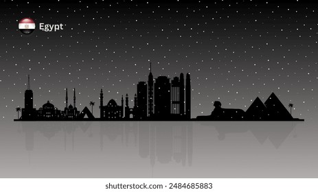 Egypt skyline, Egypt cityscape, Egypt skyscraper buildings vector silhouette on beautiful snow falling night view background . vector illustrator