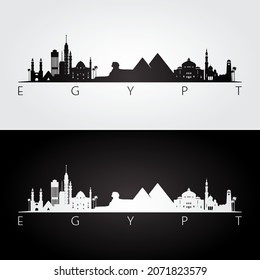 Egypt skyline and landmarks silhouette, black and white design, vector illustration.