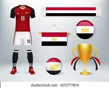 Egypt soccer set collection. Concept design of soccer elements with uniform,exchange flag,soccer ball,cheering scarf and trophy cup with flag in vector illustration