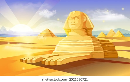 Egito esfinge fundo. Deserto com esfinge e pirâmides. História e arqueologia. Cultura do antigo Egito. Monumento e monumento africano. Panorama natural. Ilustração de vetor plano