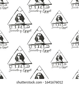 Egypt sphinx monument and pyramid seamless pattern. Linear black sketch on white background. Ancient line tracery design. Africa hand drawn vector illustration.