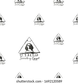 Egypt sphinx monument and pyramid seamless pattern. Linear black sketch on white background. Ancient line tracery design. Africa hand drawn vector illustration.