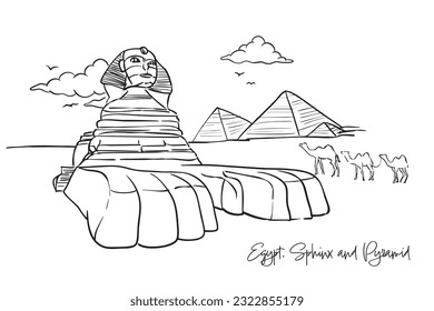 Egypt, Sphinx and Pyramid with hand drawing concept, print, doodle, vector illustration (Vector)