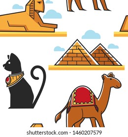 Egypt Sphinx and Pyramids cat and camel Egyptian architecture and animals seamless pattern vector famous landmark and symbolic mammals, lion with pharaoh head and ancient tomb endless texture