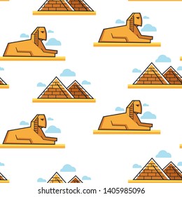Egypt Sphinx and Pyramids Egyptian architecture seamless pattern famous landmark vector lion with pharaoh head and ancient tomb antique construction endless texture desert sightseeing and traveling