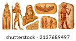 Egypt stone board kit, vector ancient Egyptian statue, old rock tablet, gods silhouette, hieroglyphs. Horus temple sculpture, pharaoh clay figurine, ancient civilization monument. Egypt stone set