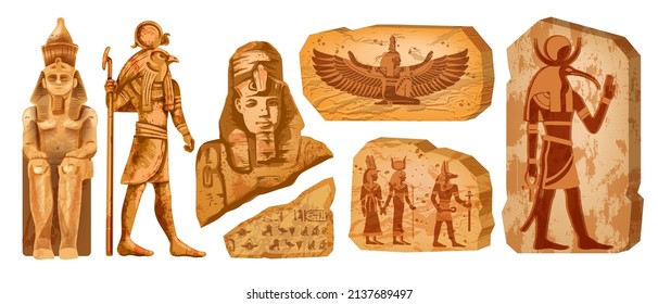 Egypt stone board kit, vector ancient Egyptian statue, old rock tablet, gods silhouette, hieroglyphs. Horus temple sculpture, pharaoh clay figurine, ancient civilization monument. Egypt stone set