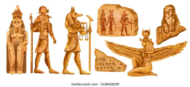 Egypt stone statue set, vector ancient rock ruin, pharaoh clay figurine, Egyptian gods silhouette, Osiris. Old civilization archaeology monument, temple object on white. Egypt tomb statue collection