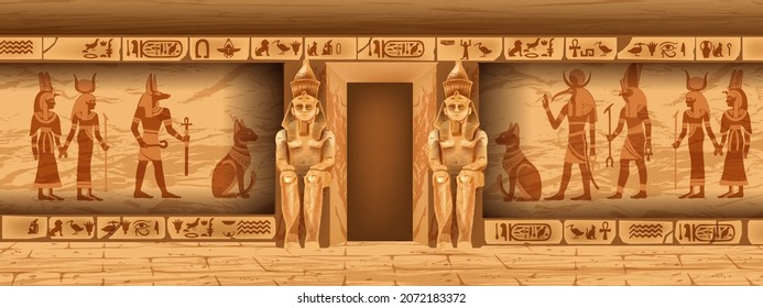 Egypt stone temple wall, vector ancient pharaoh tomb interior, goddess silhouette, religion hieroglyphs. Old civilization temple room, game level background landscape architecture. Egypt temple statue