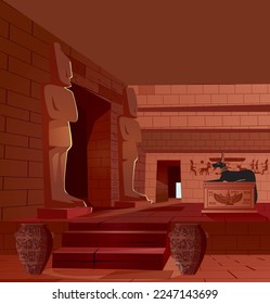 Egypt stone temple wall, vector ancient pharaoh tomb interior, goddess silhouette