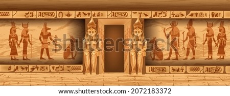 Egypt stone temple wall, vector ancient pharaoh tomb interior, goddess silhouette, religion hieroglyphs. Old civilization temple room, game level background landscape architecture. Egypt temple statue